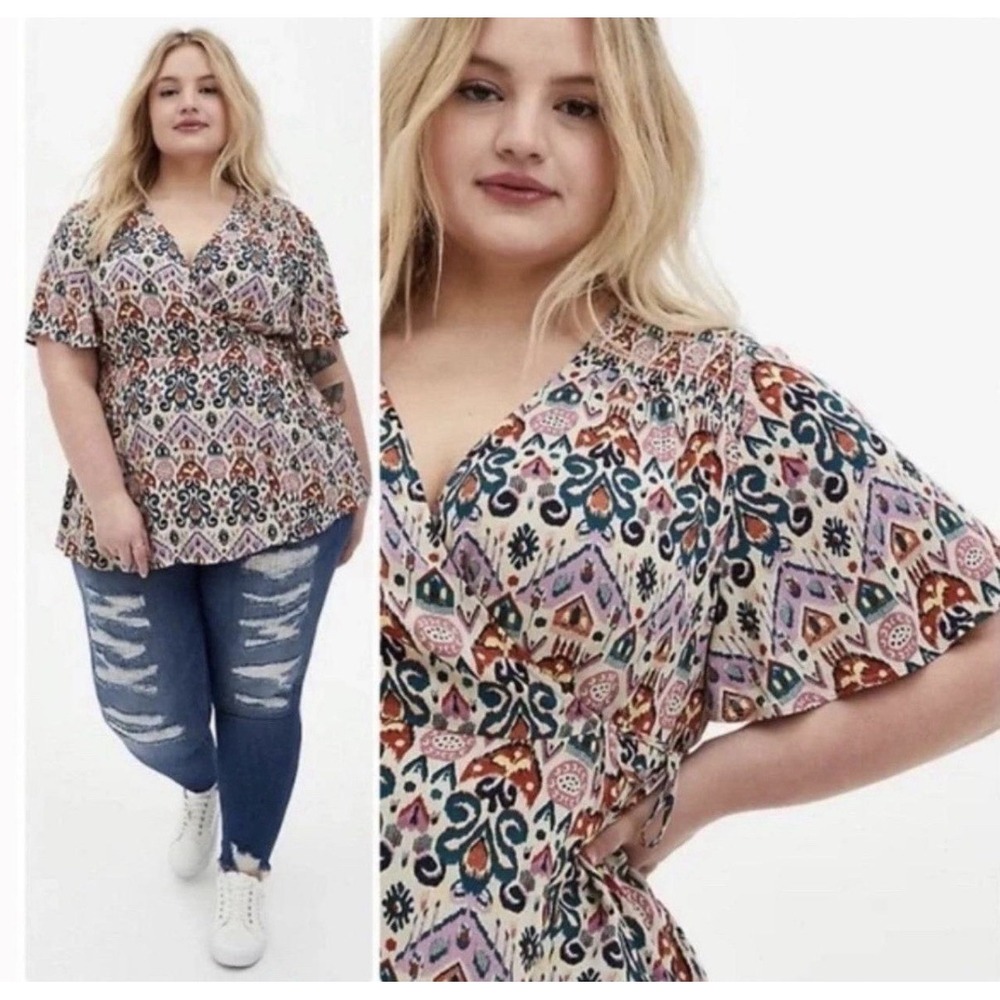 Torrid Womens Top Size 3 Ikat Print Crepe Smocked Surplice Wrap Elastic Waist